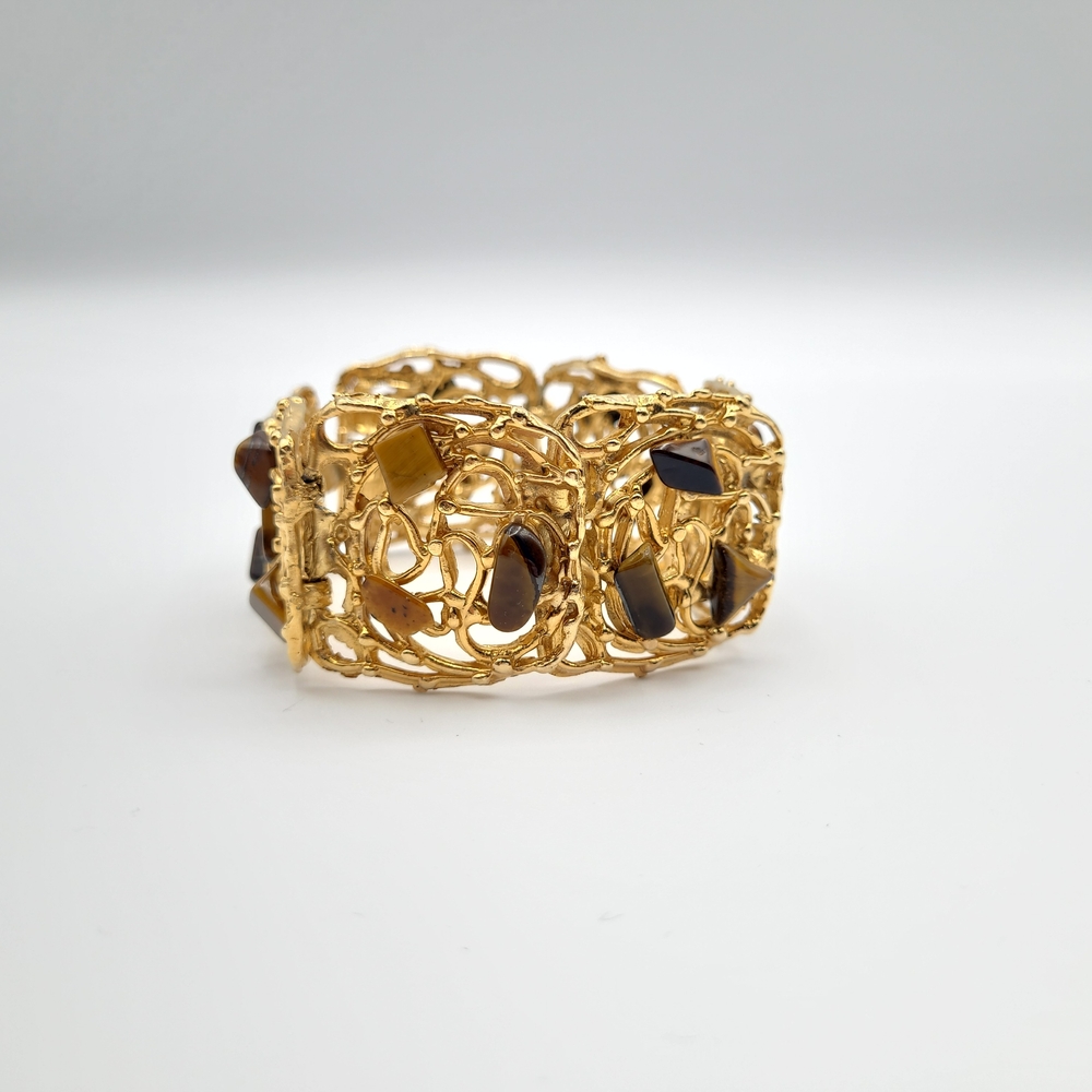 Vintage Gold Tone Tiger Eye Panel Link Bracelet Filigree Wide